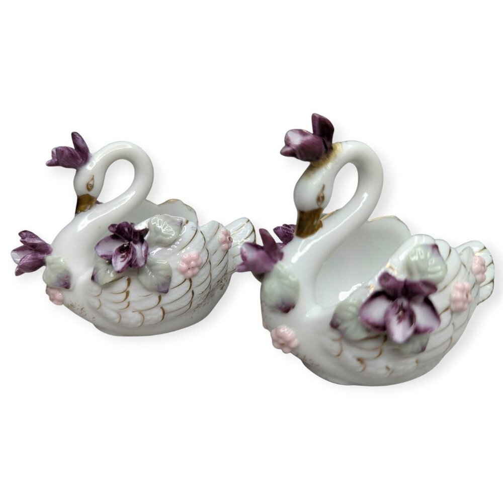 Vintage Lefton China Hand Painted Floral Purple & White Porcelain Swans Set 2